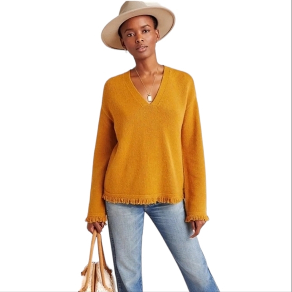 By Anthropologie Joy Fringed V-Neck Alpaca Blend Sweater size XS